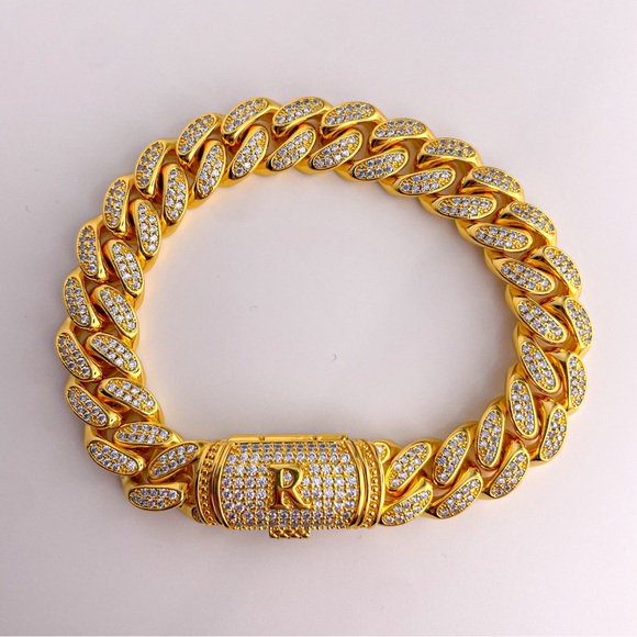 ETEVON Initial “R” Bracelet for Men Link Chain with Box Clasp Cubic Zirconia - Picture 2 of 13